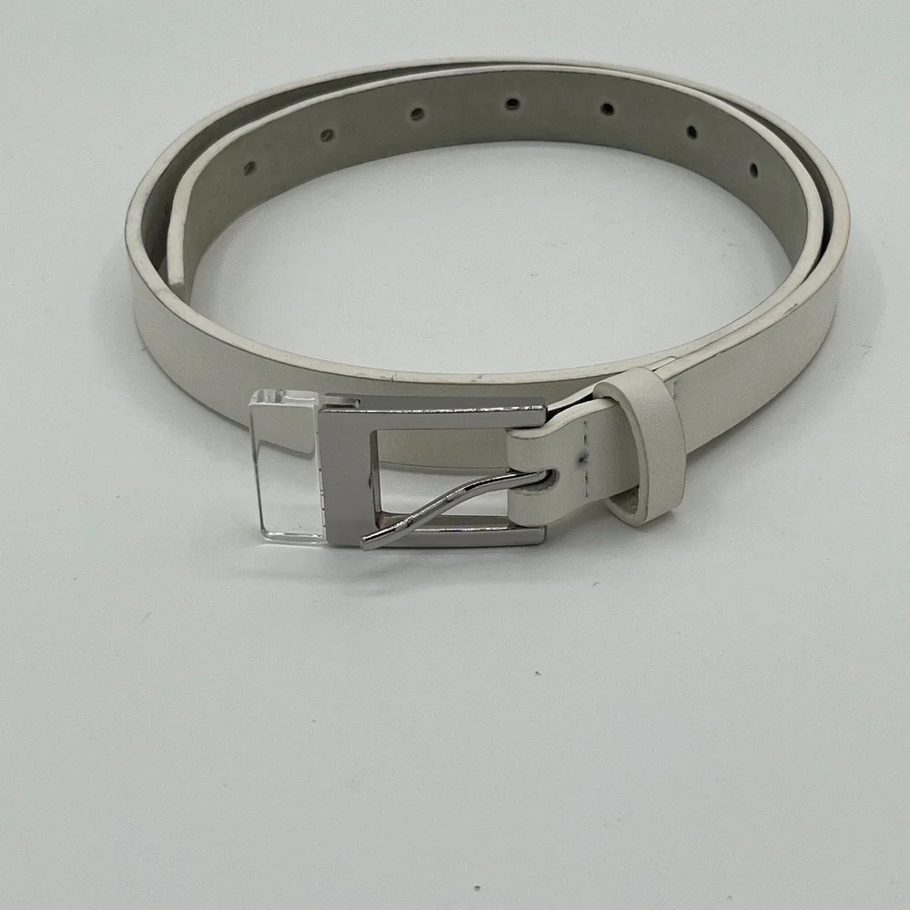 White House Black‎ Market S White Leather Skinny Belt Silver Buckle Minimalist